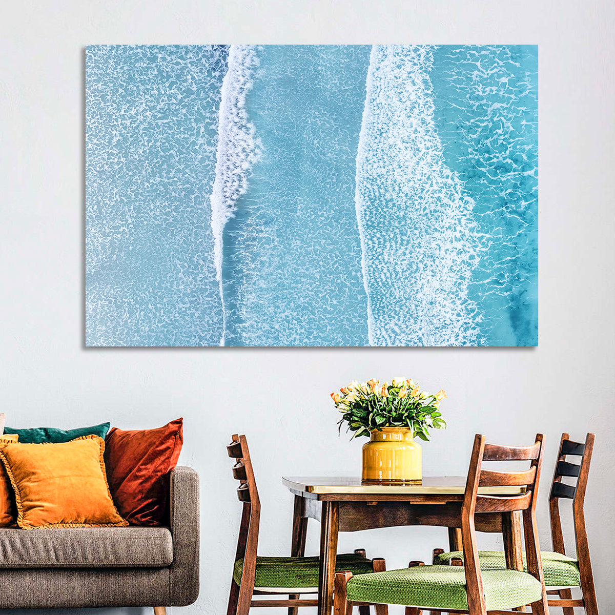 Twin Breaking Waves Over Turquoise Sea Wall Art in a room, landscape