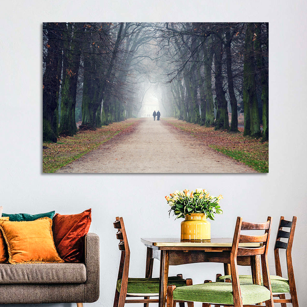 Foggy Tree Lined Walkway in Autumn Wall Art