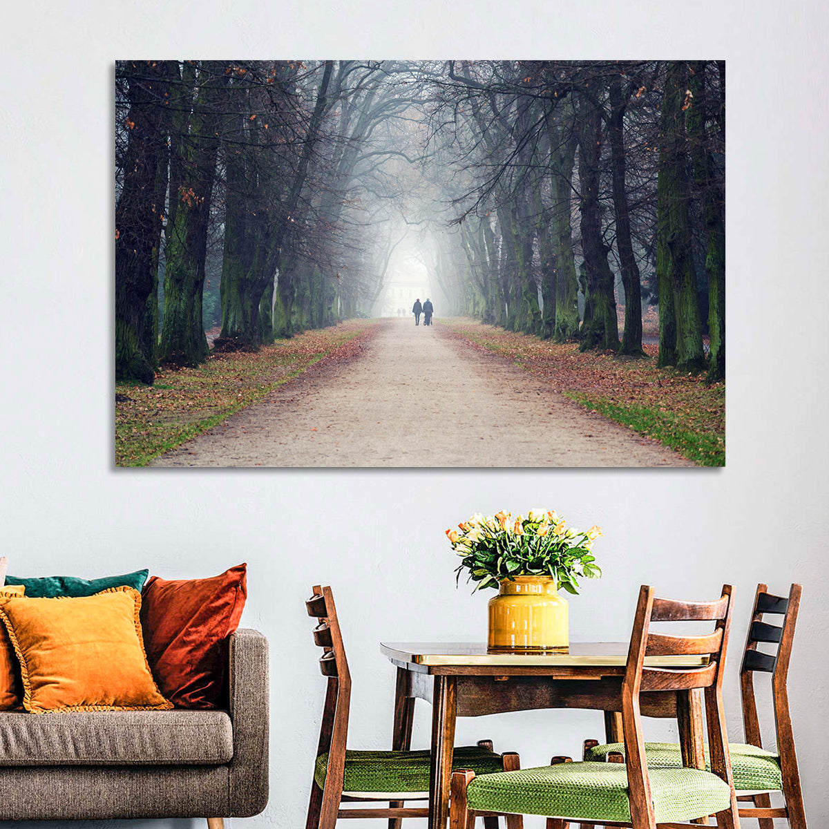Foggy Tree Lined Walkway in Autumn Wall Art