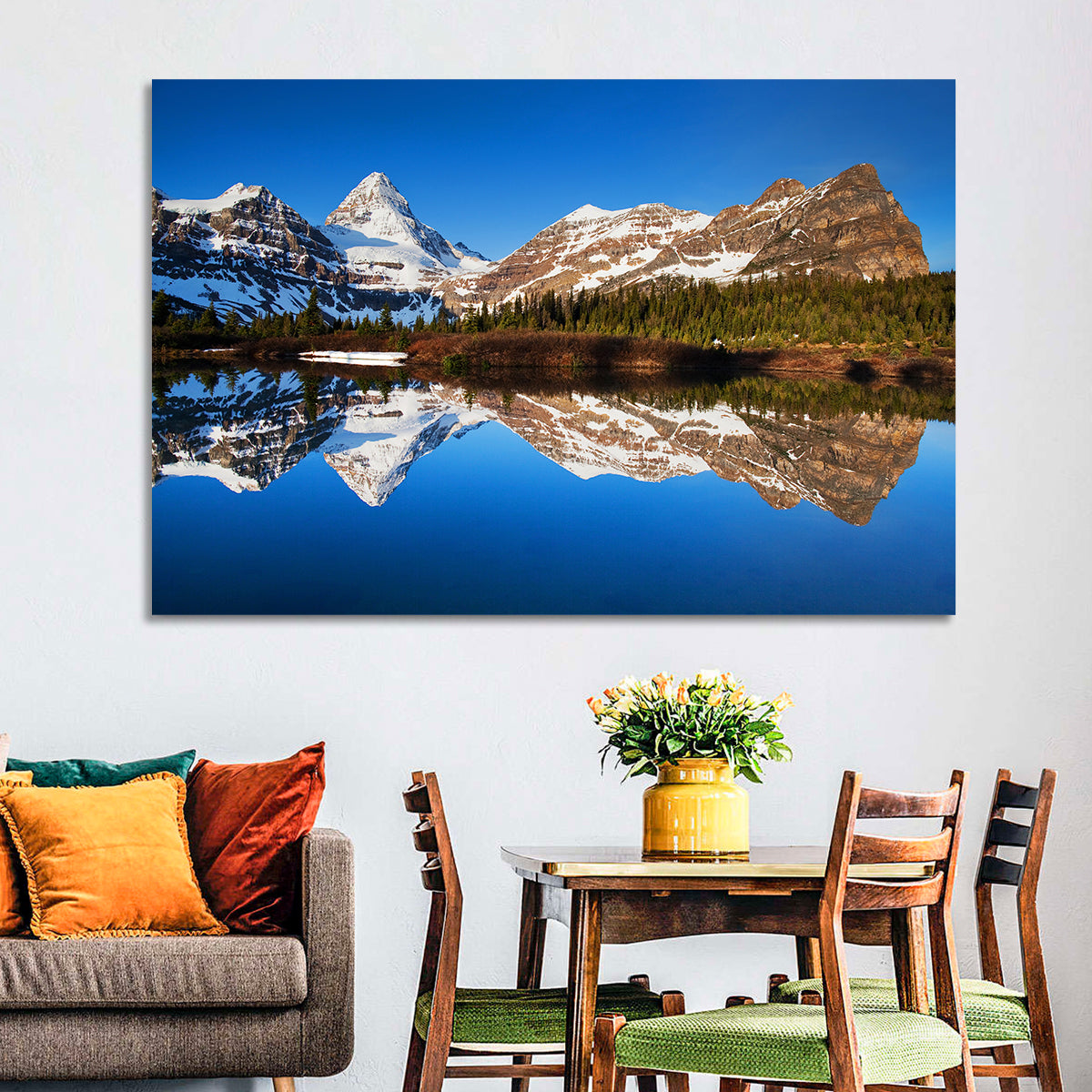 Snowy Mount Assiniboine Wall Art in a room, landscape