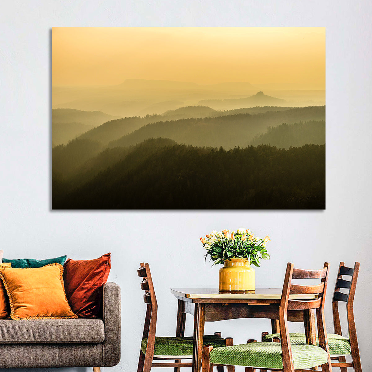 Misty Golden Ridge Landscape Wall Art in a room, landscape