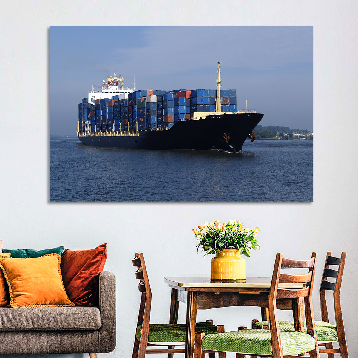 Container Ship in Motion Wall Art in a room, landscape