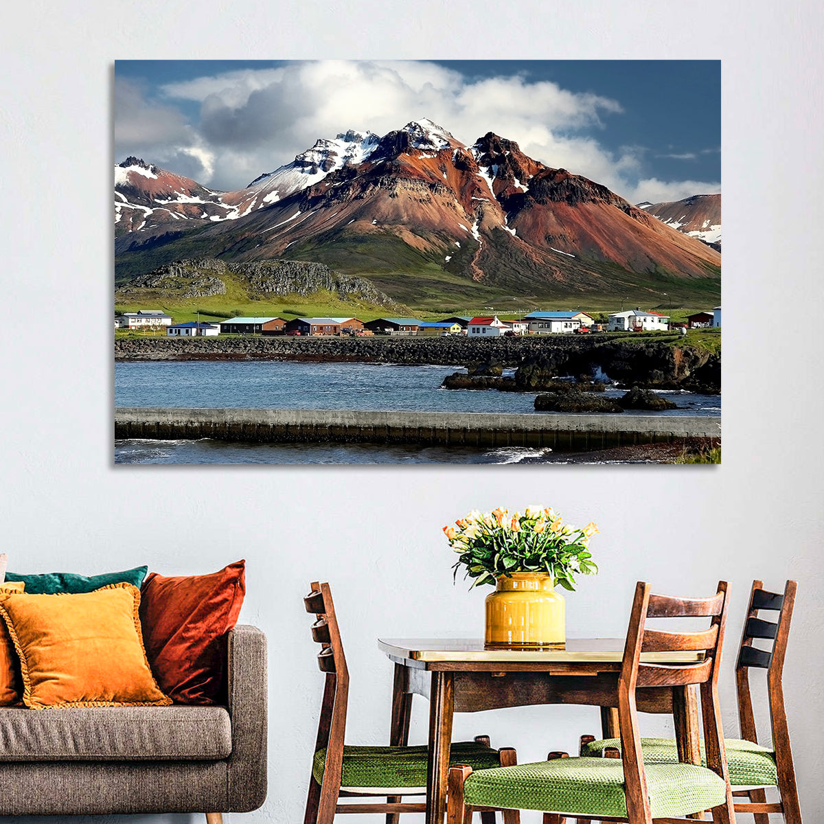 East Fjords Harbor Village Wall Art in a room, landscape
