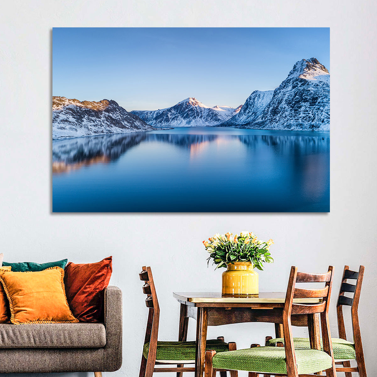 Snowy Lofoten Reflection Wall Art in a room, landscape