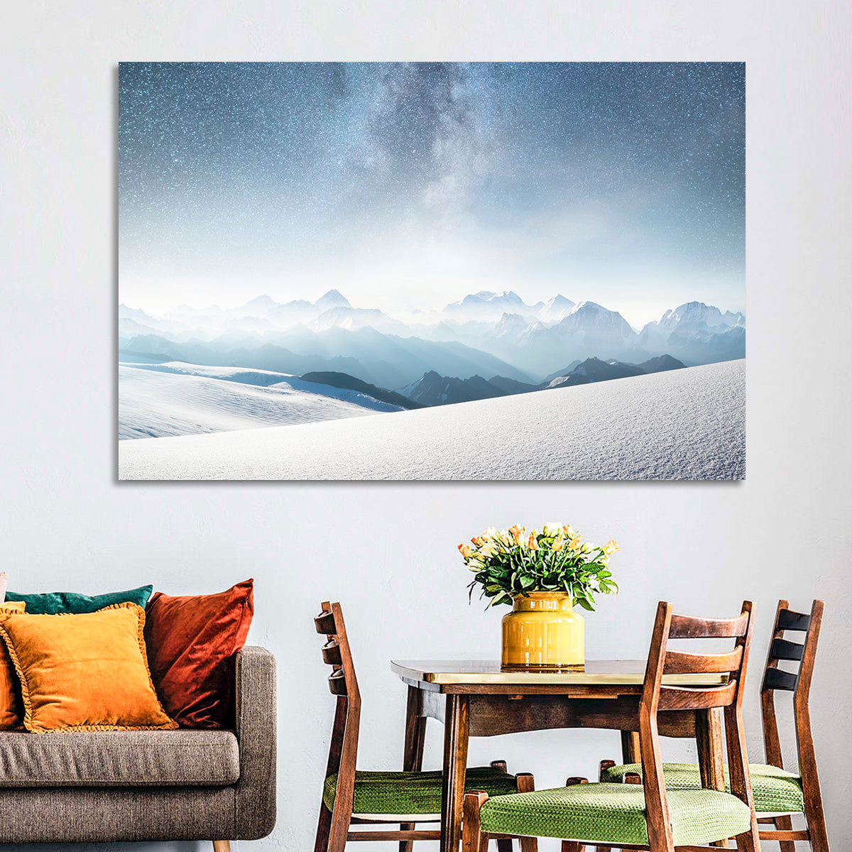Starry Milky Way Over Snowy Peaks Wall Art in a room, landscape