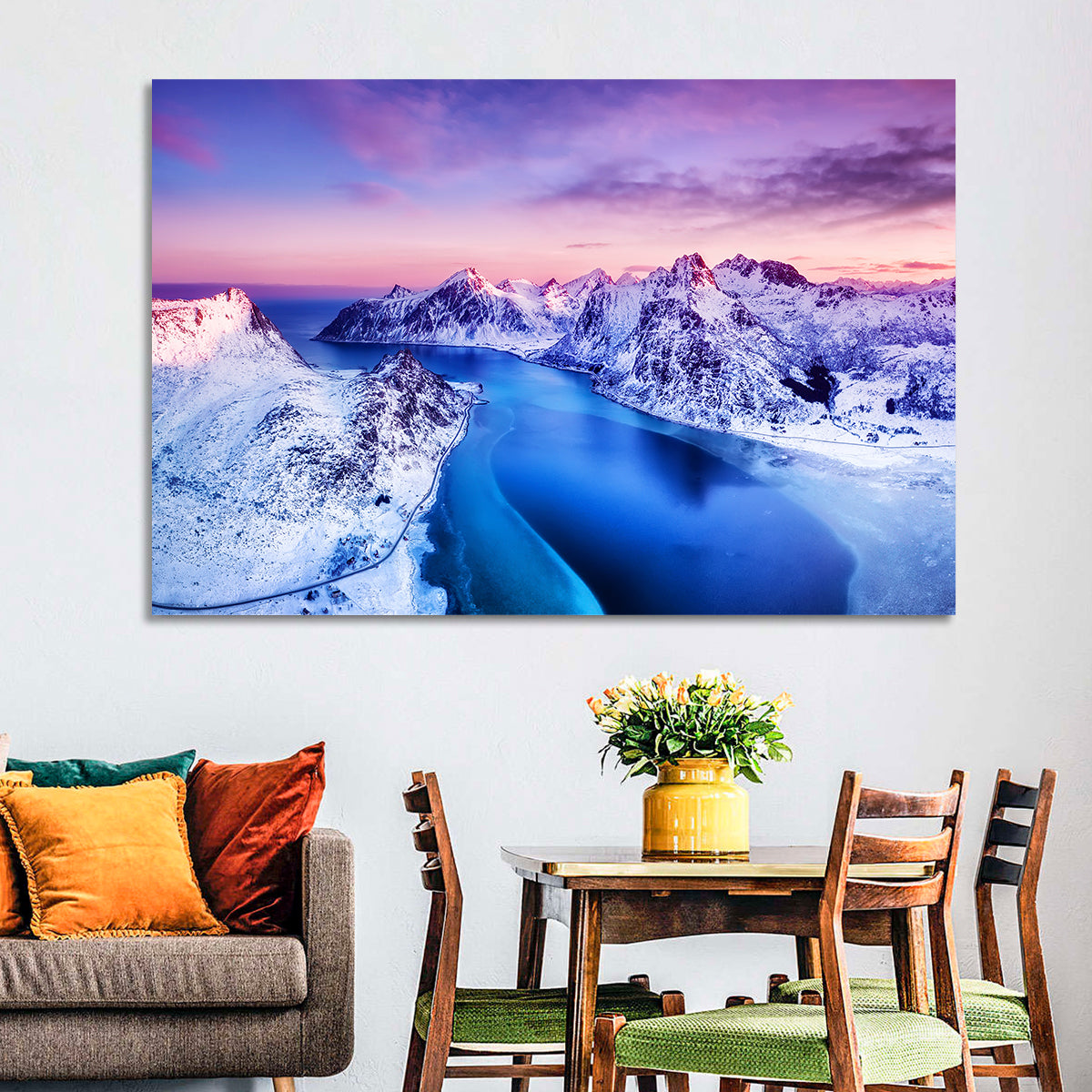 Flakstadpollen Fjord at Sunset Wall Art in a room, landscape