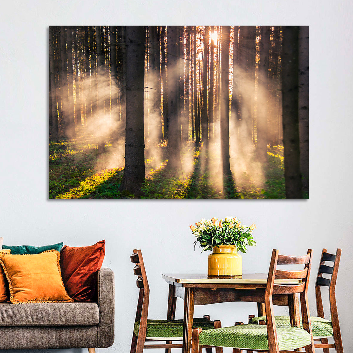 Sunrise Through Misty Forest Wall Art in a room, landscape