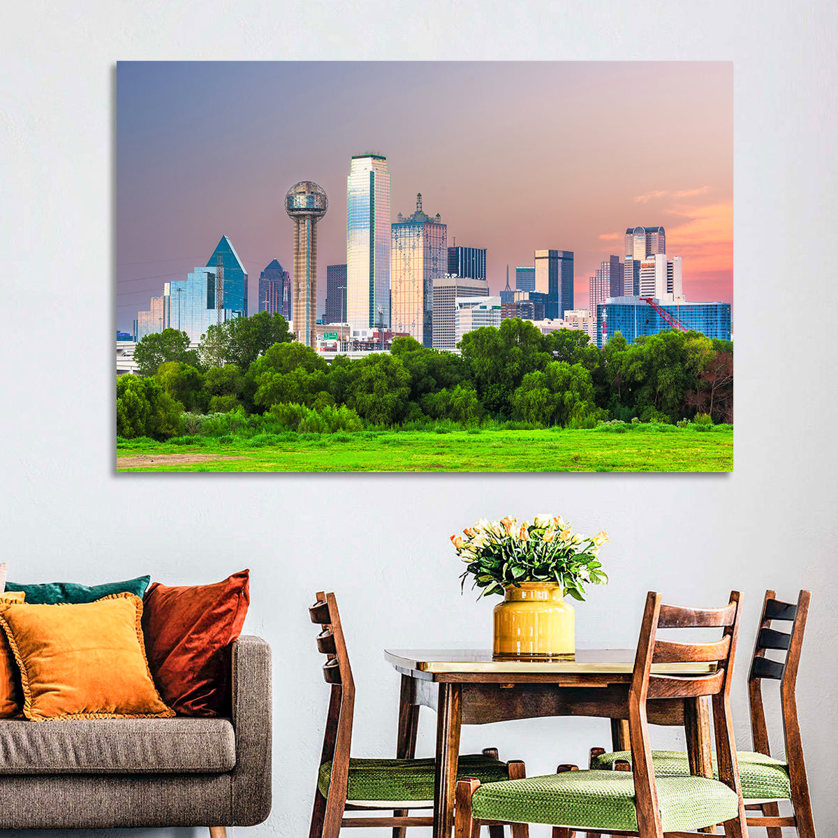 Dallas Golden Hour Skyline Wall Art in a room, landscape