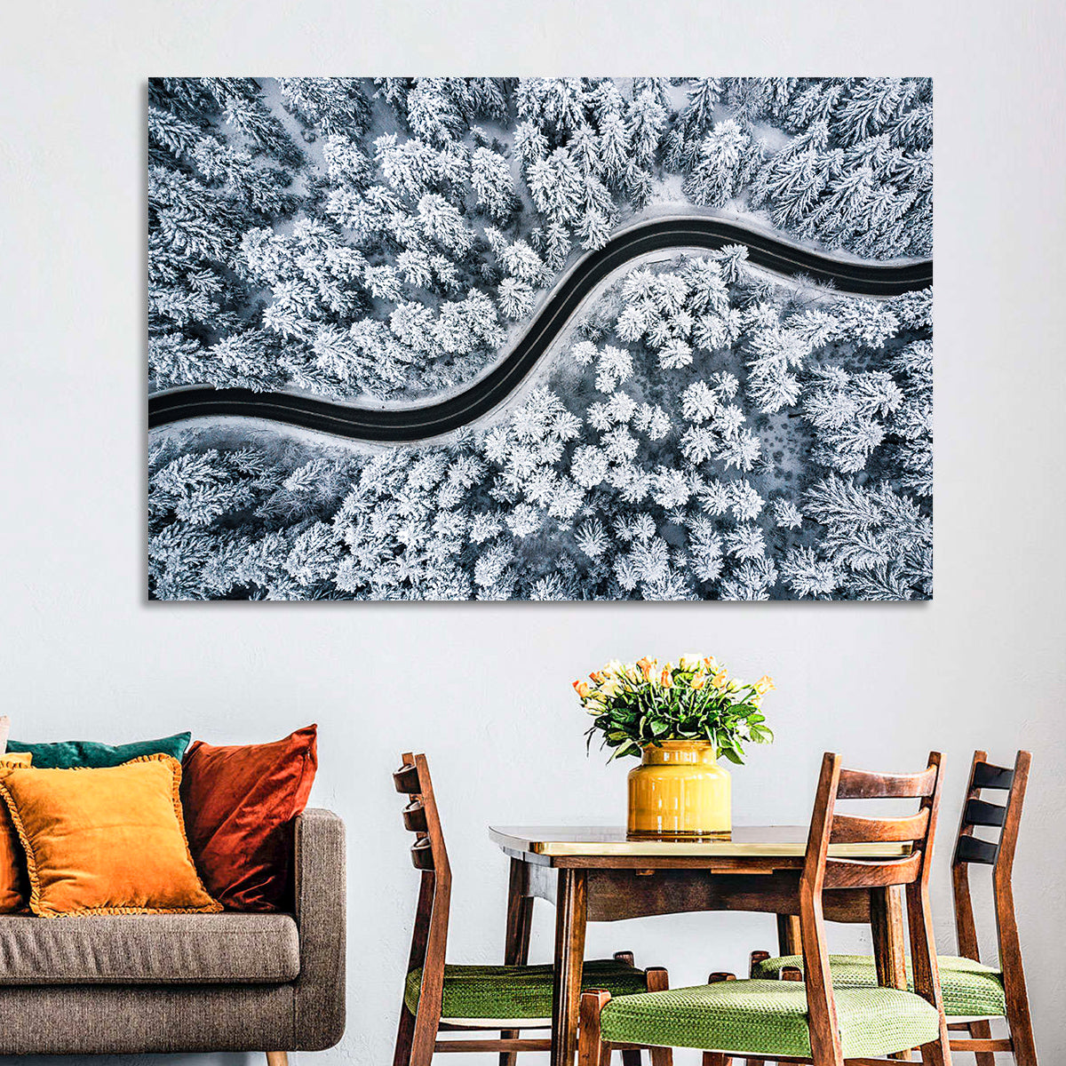 S-curve Winter Forest Road Wall Art in a room, landscape