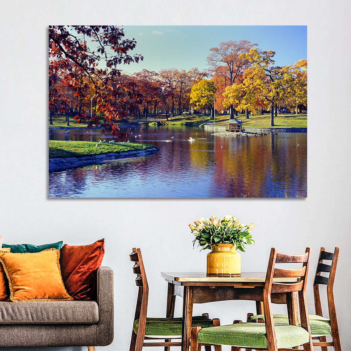 Deering Oaks Autumn Pond Wall Art in a room, landscape