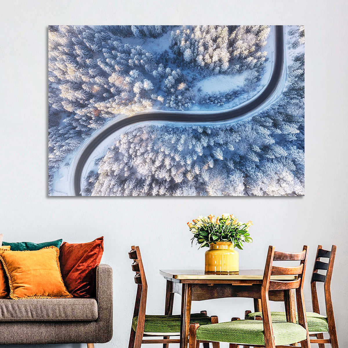 Winding Snow-covered Forest Road Wall Art in a room, landscape