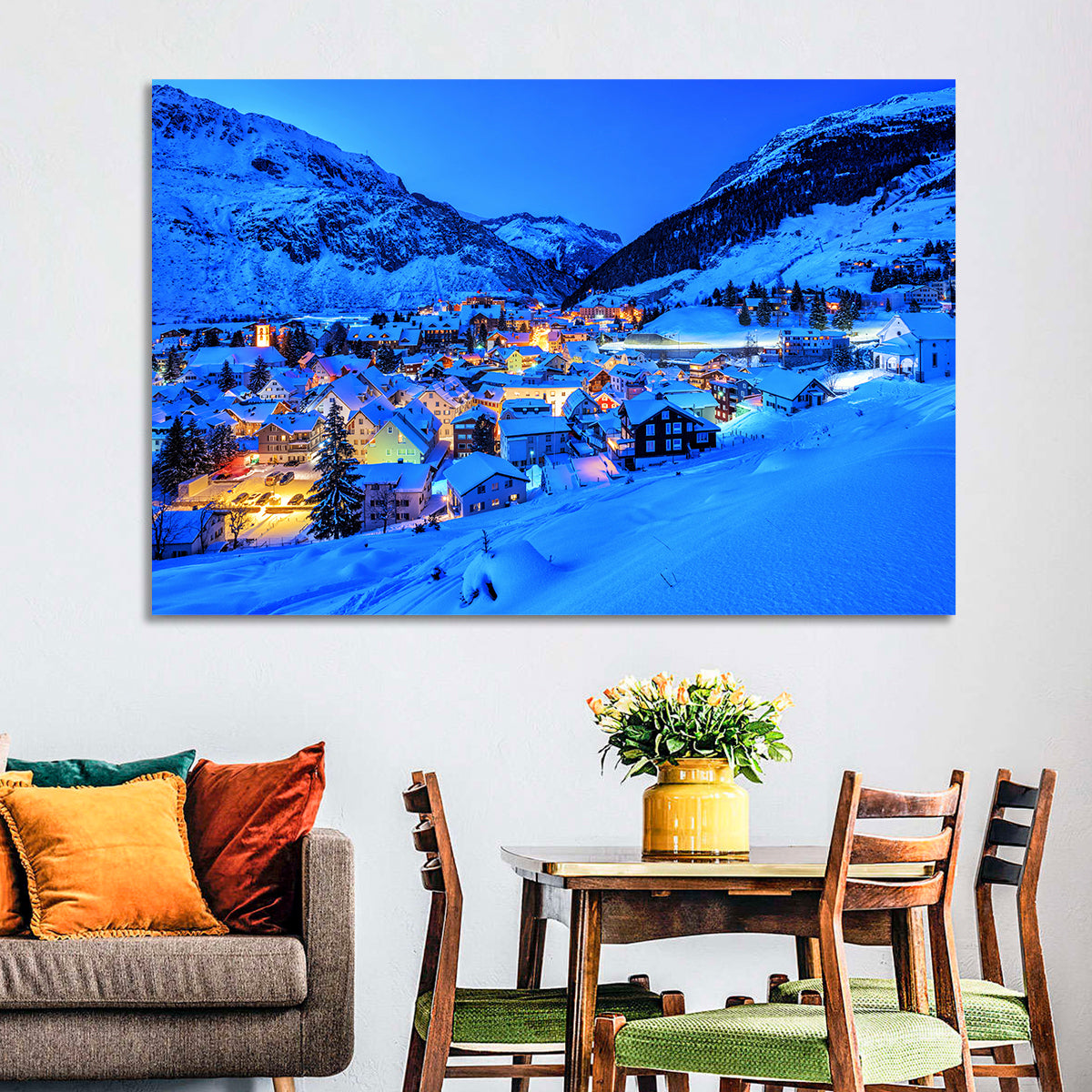 Andermatt Winter Village Wall Art in a room, landscape