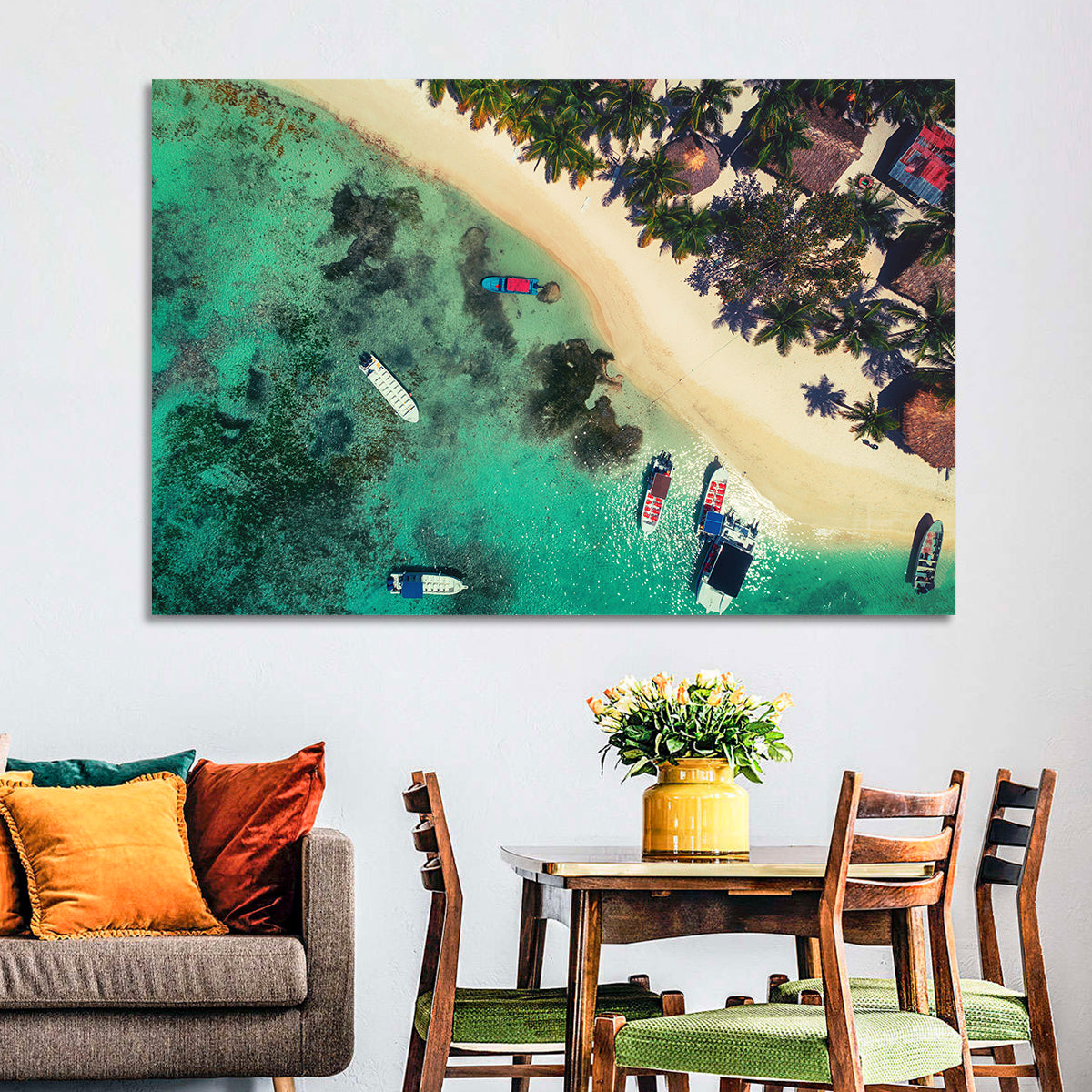Aerial Tropical Shoreline with Six Boats Wall Art in a room, landscape