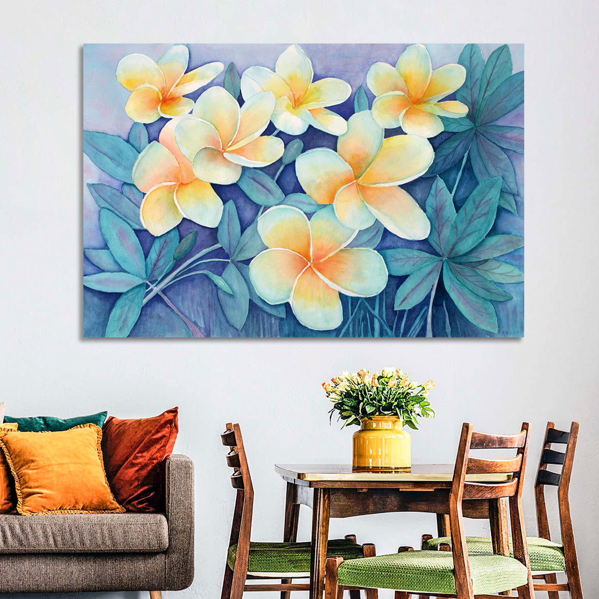 Watercolor Frangipani Cluster Wall Art in a room, landscape