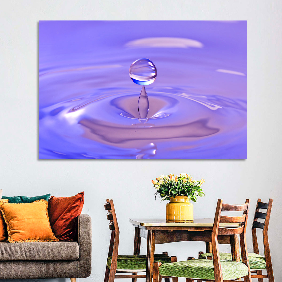 Purple Water Droplet Splash Wall Art in a room, landscape