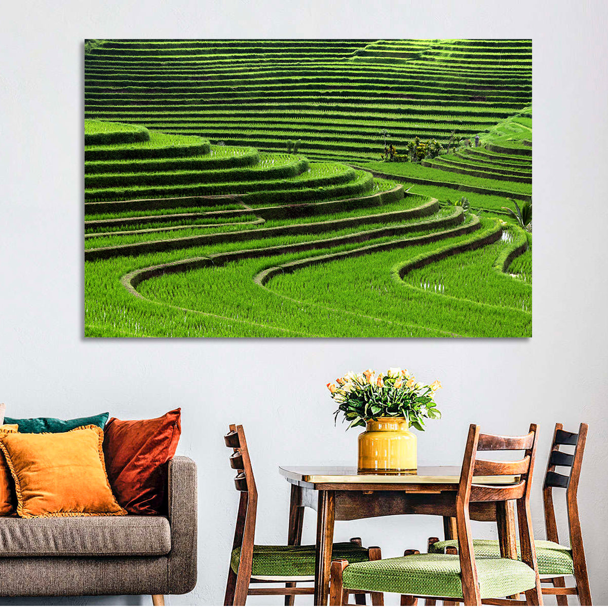 Lush Rice Terraces Wall Art in a room, landscape