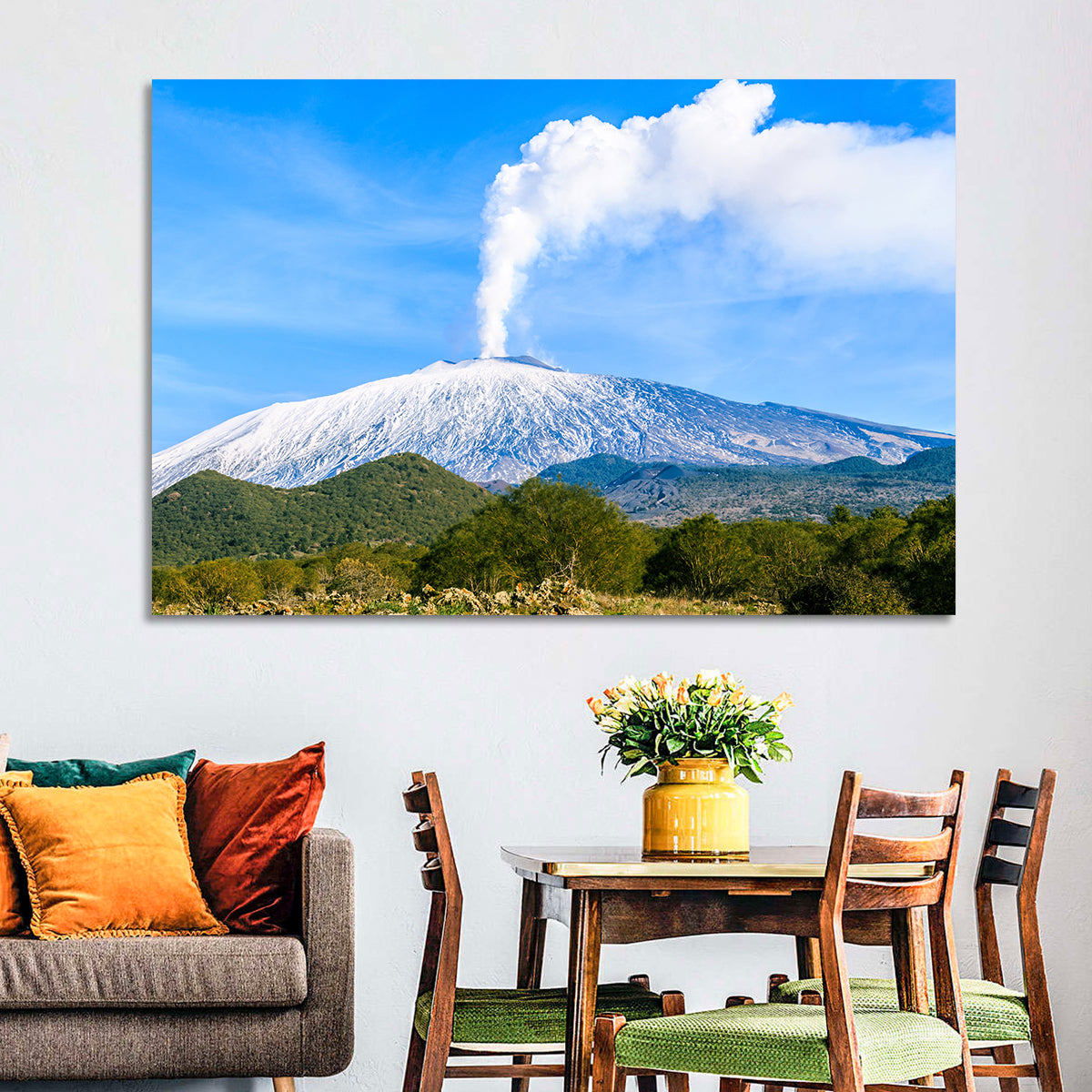 Snow-capped Mount Etna with Volcanic Plume Wall Art in a room, landscape