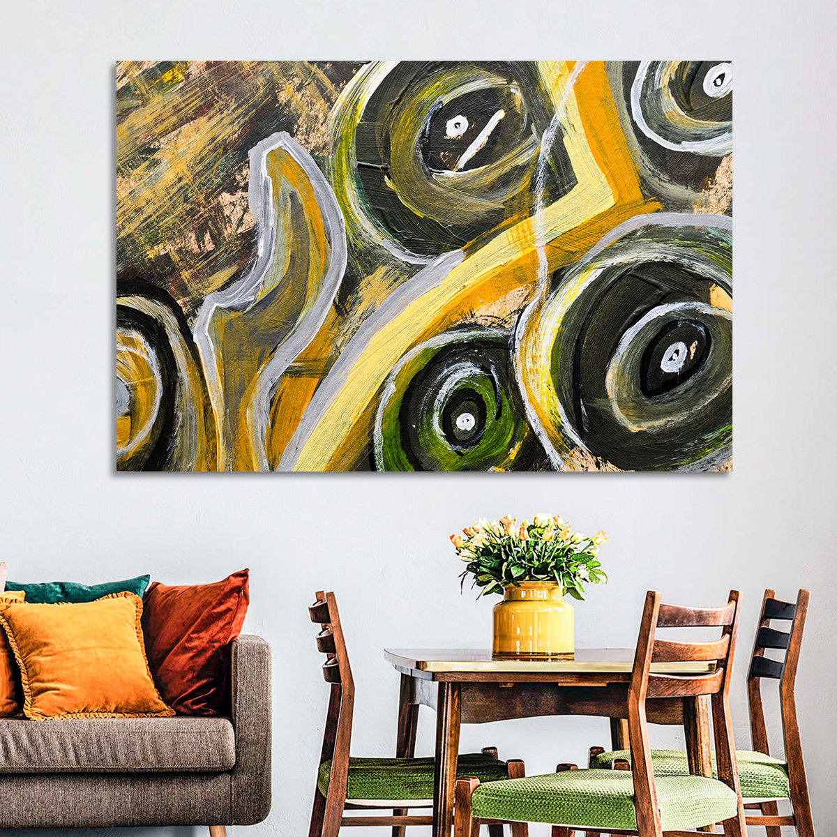 Impasto Swirl Circles in Yellow and Black Wall Art