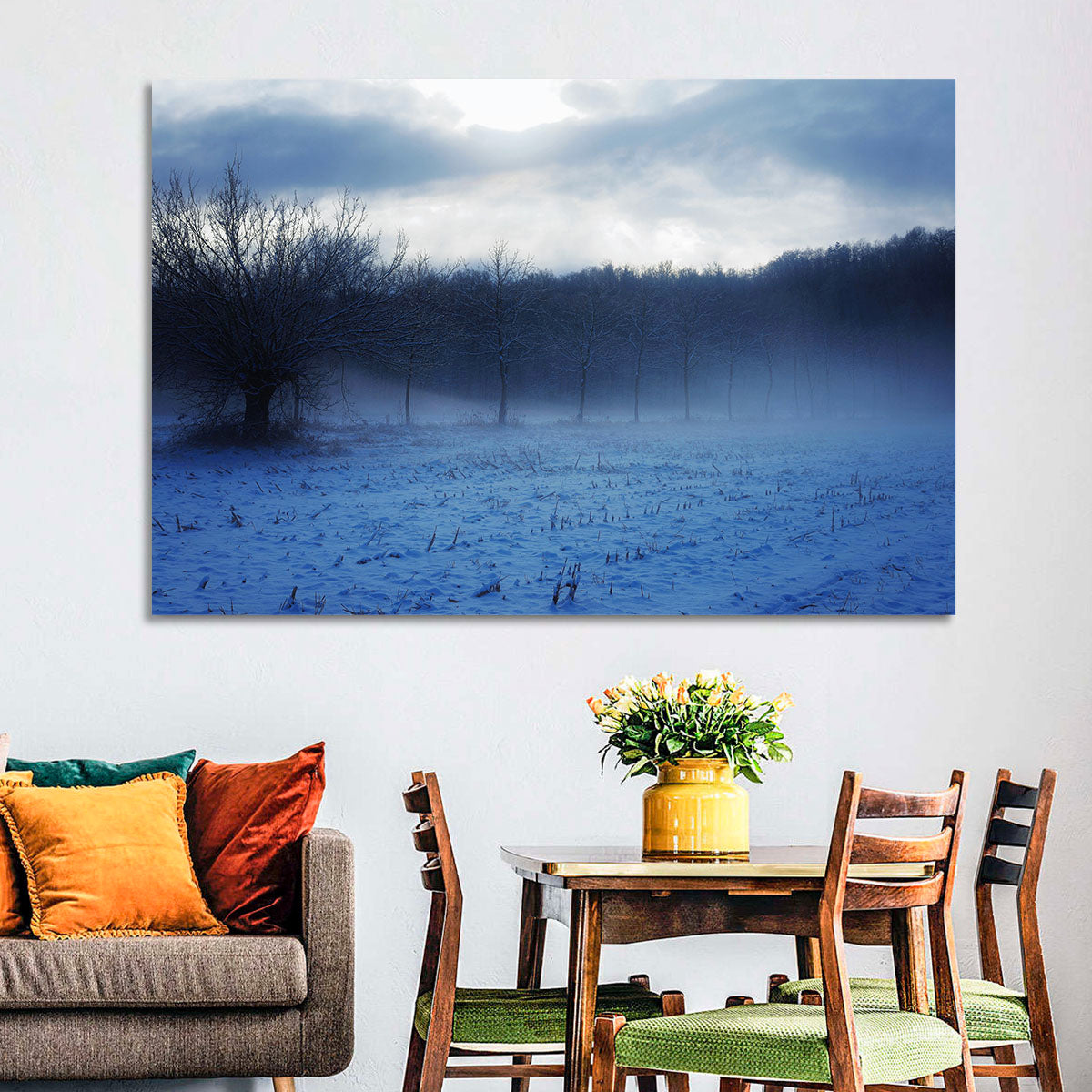 Snowy Italian Countryside Wall Art in a room, landscape