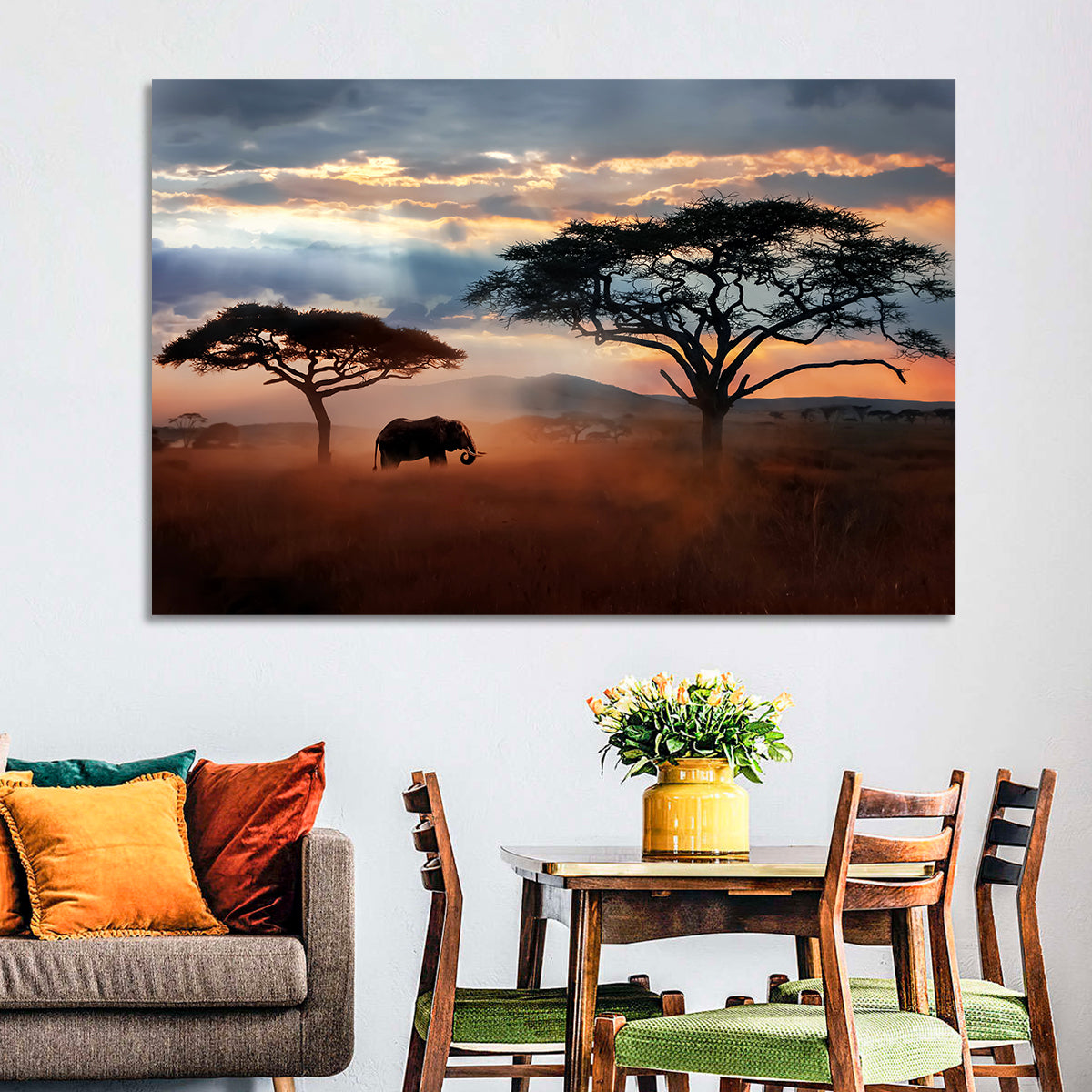 Savanna Elephant at Sunset Wall Art in a room, landscape