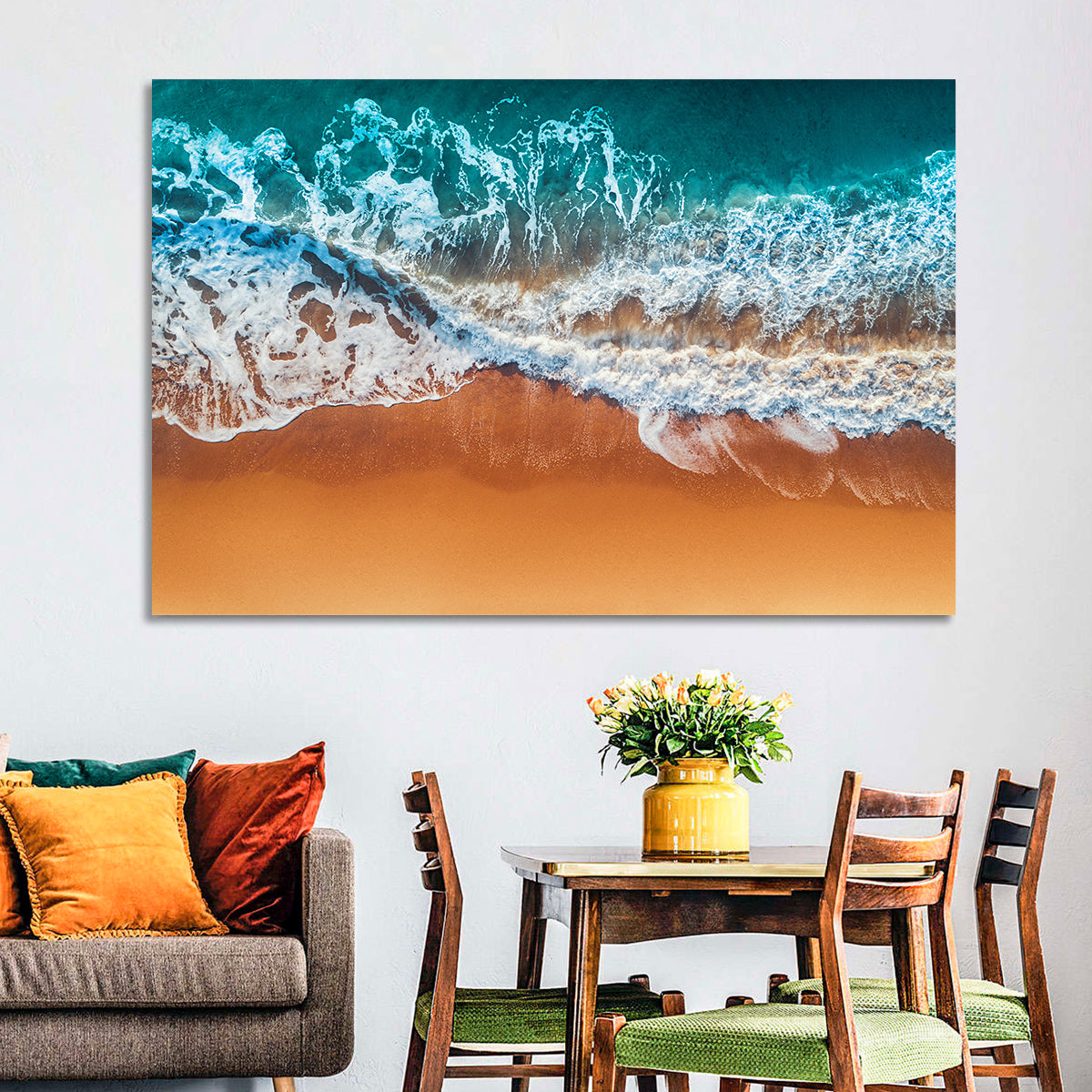 Aerial Beach Waves Wall Art in a room, landscape