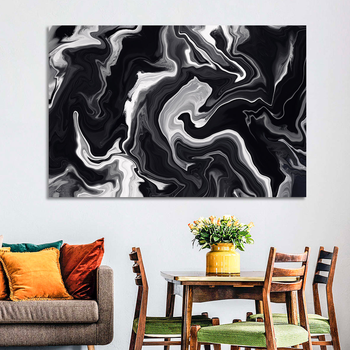 Flowing Black Marble Abstract Wall Art in a room, landscape