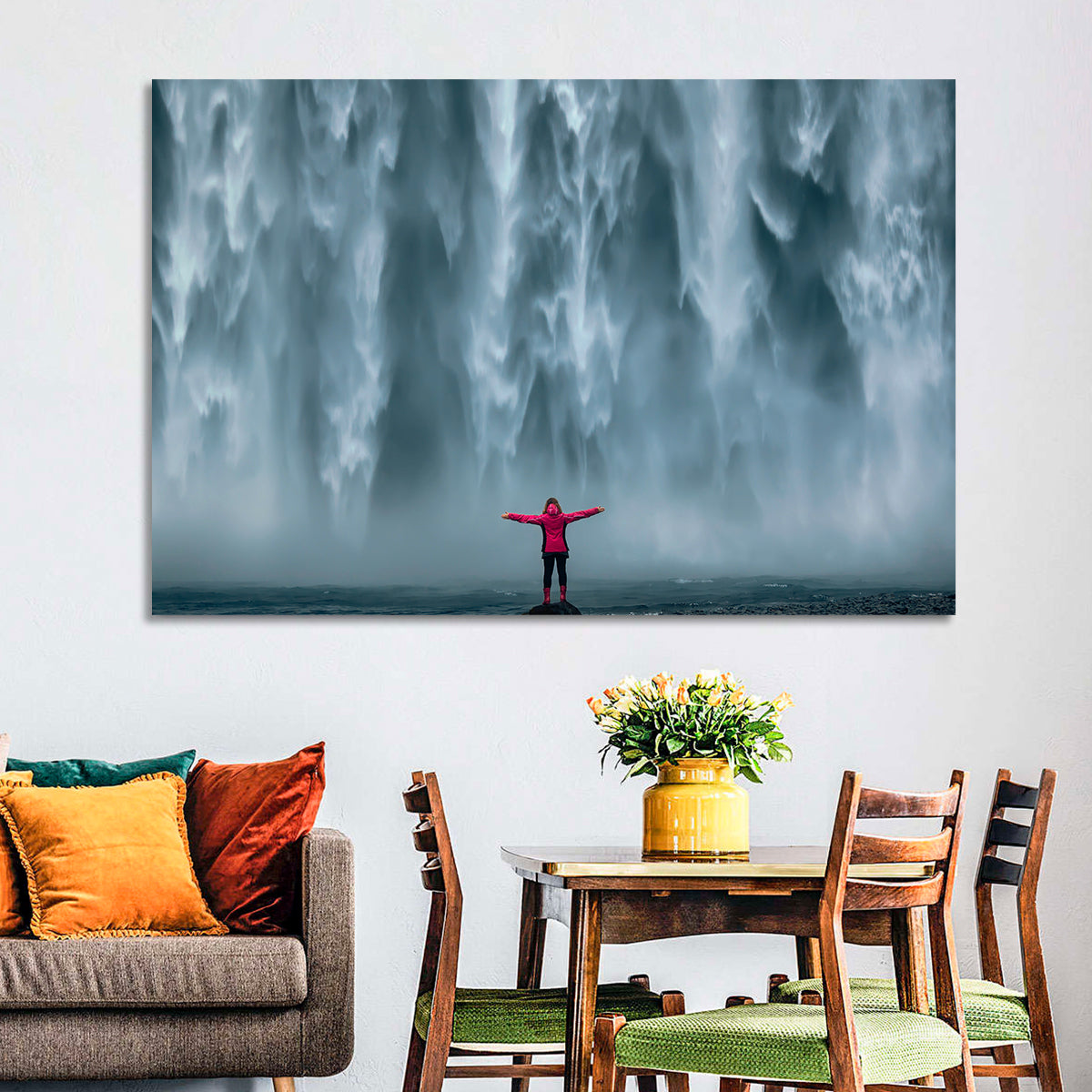 Skogafoss Waterfall with Figure in Pink Wall Art in a room, landscape