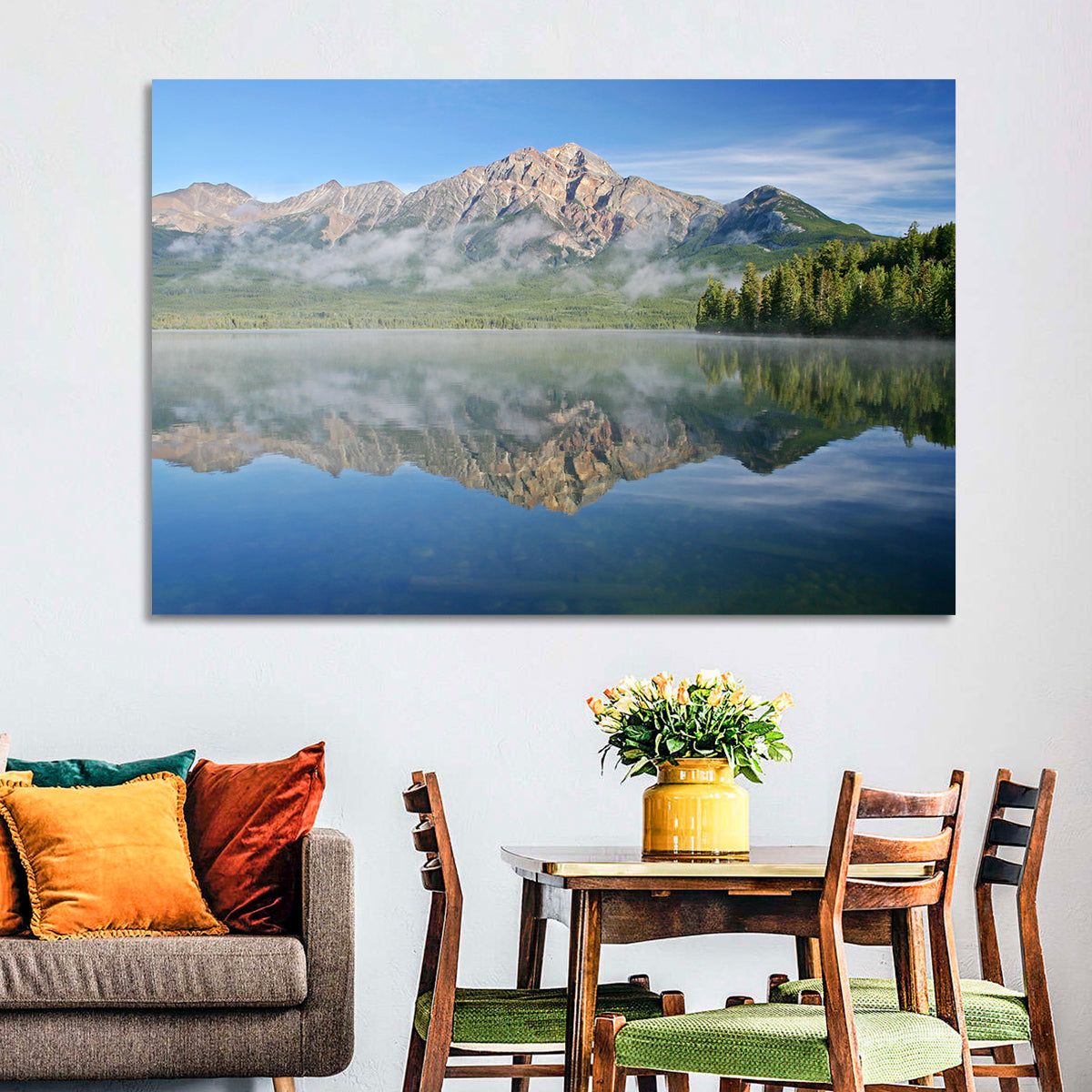 Pyramid Mountain Reflection Wall Art in a room, landscape