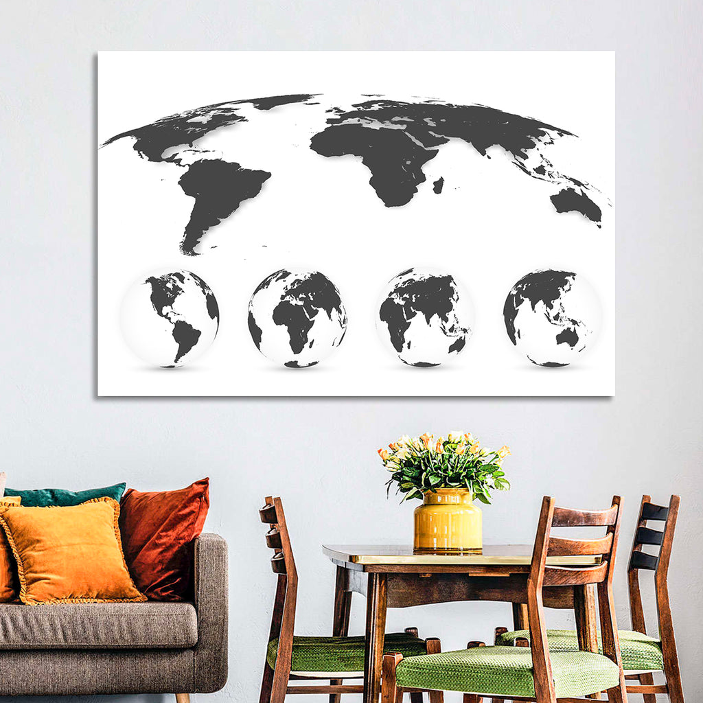 Stylized World Map and Globe Icons Wall Art