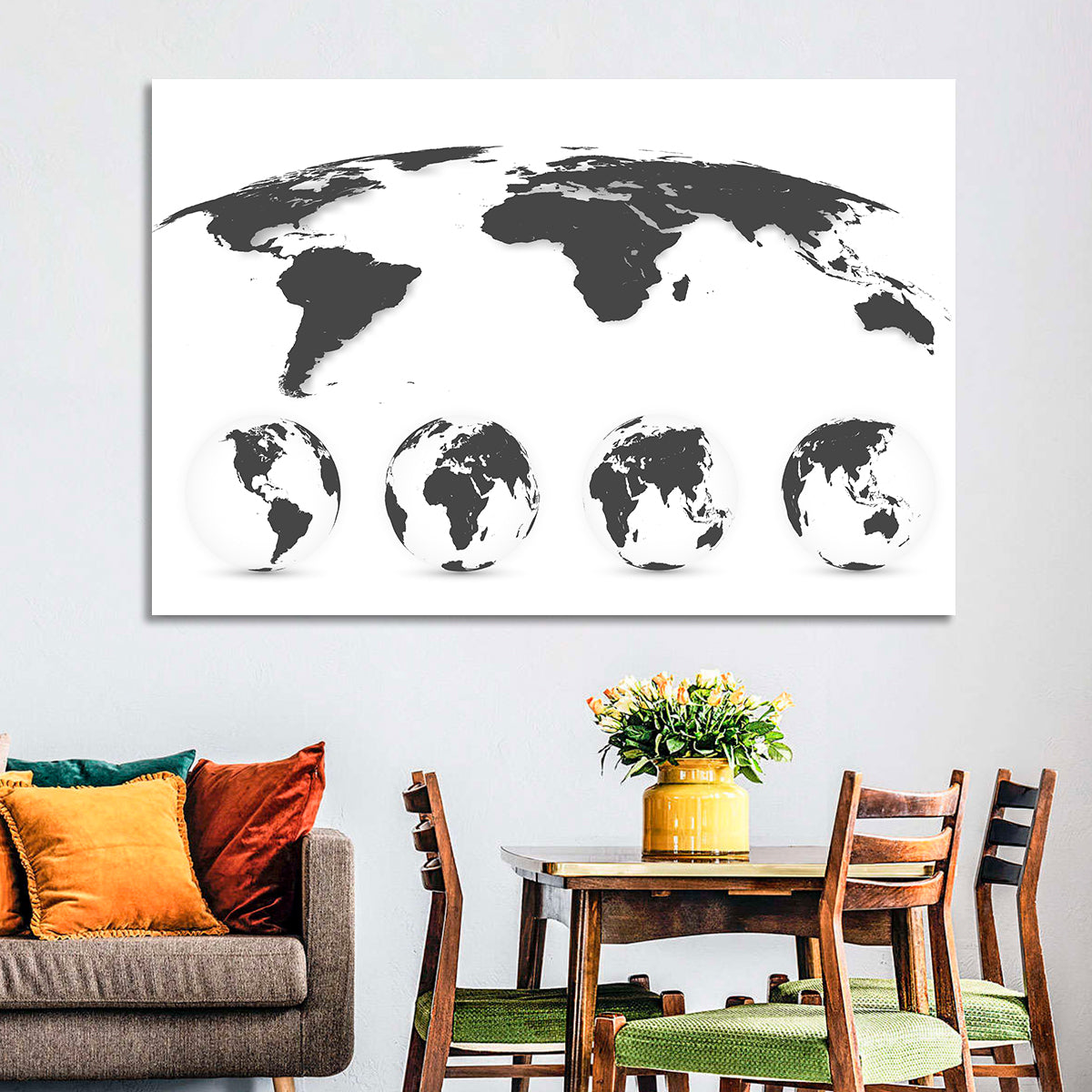 Stylized World Map and Globe Icons Wall Art in a room, landscape