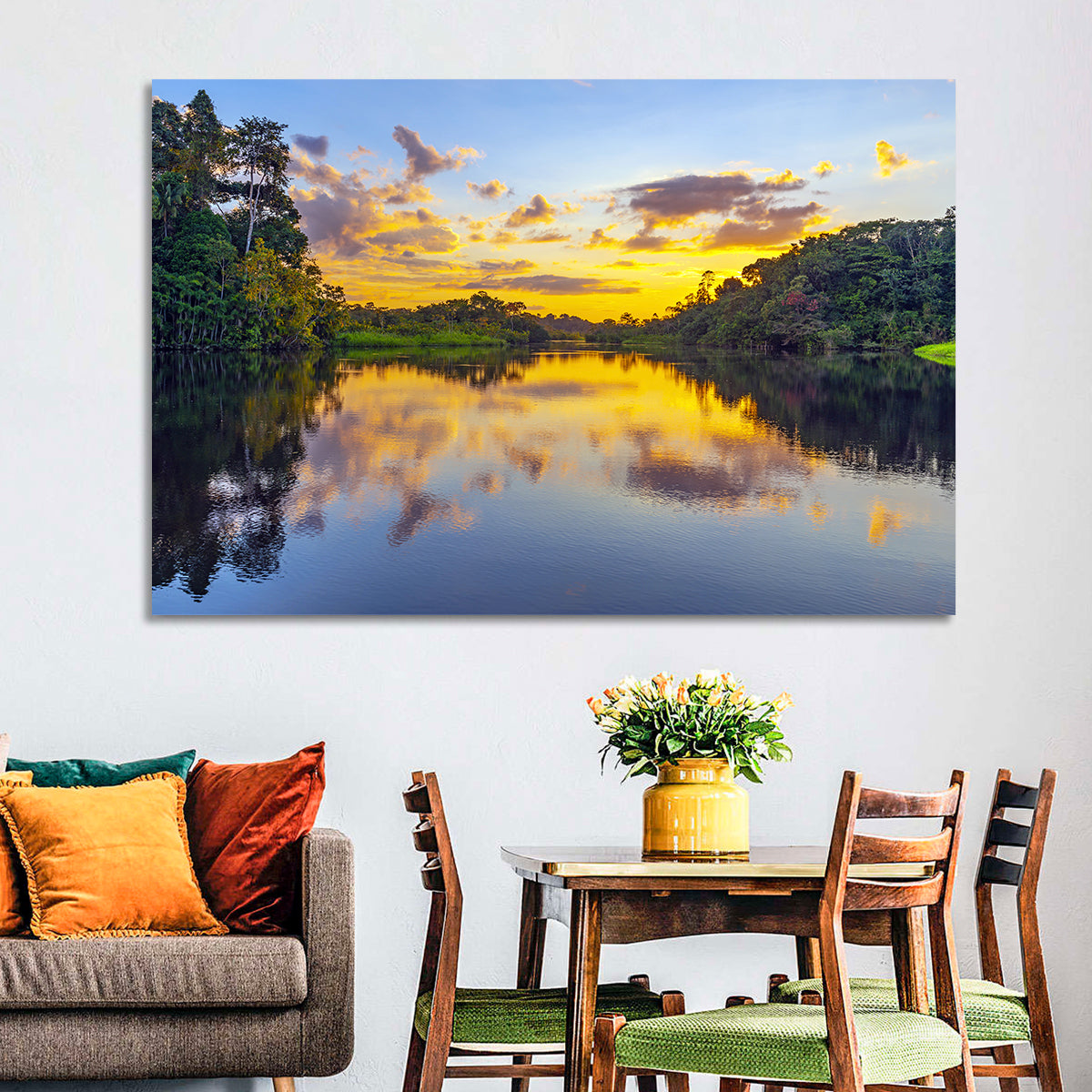 Amazon River Sunset Reflection Wall Art in a room, landscape
