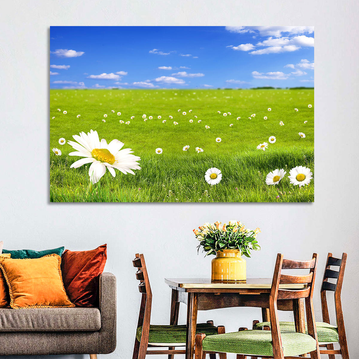 Spring Daisy Meadow Wall Art in a room, landscape