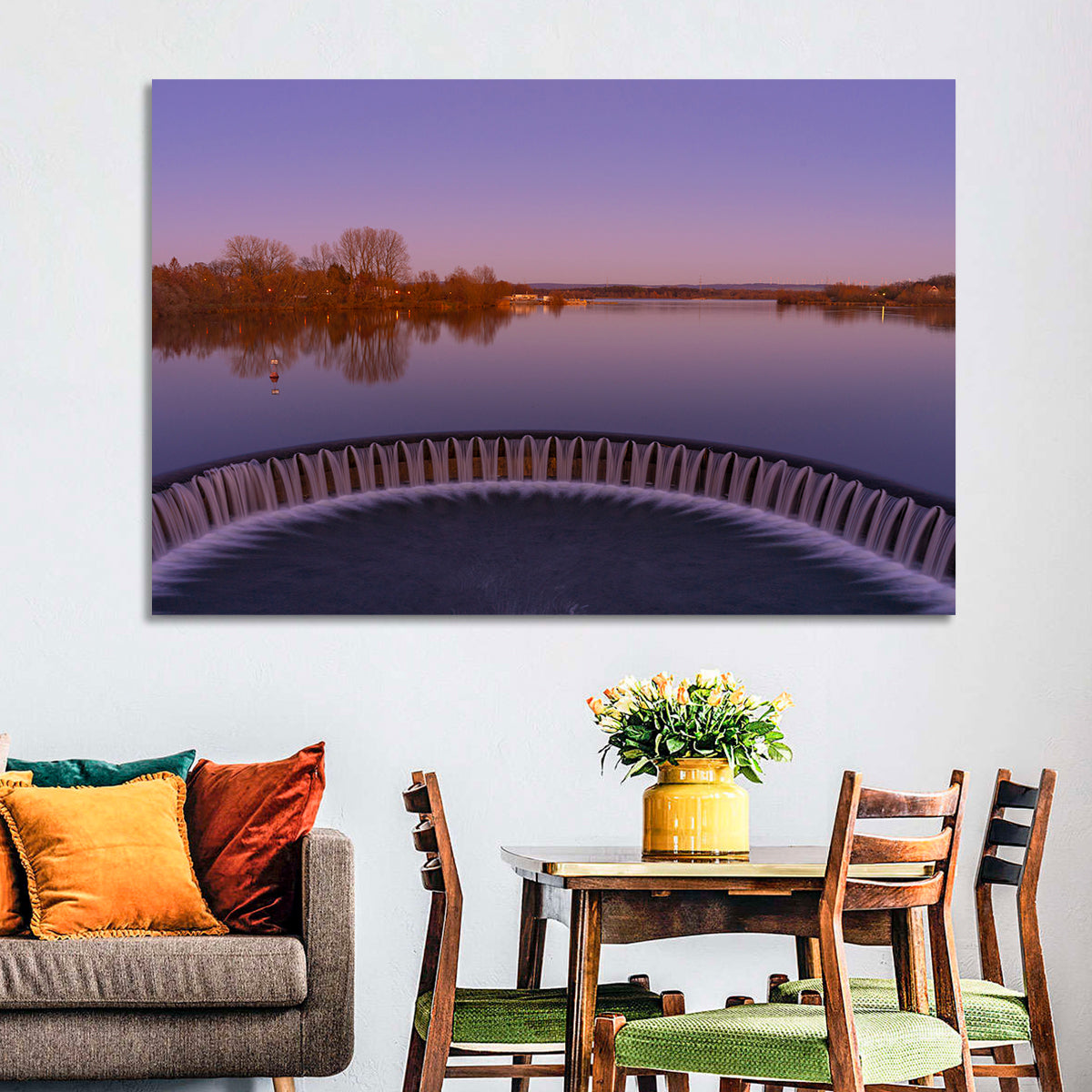 Circular Weir at Dusk Wall Art in a room, landscape