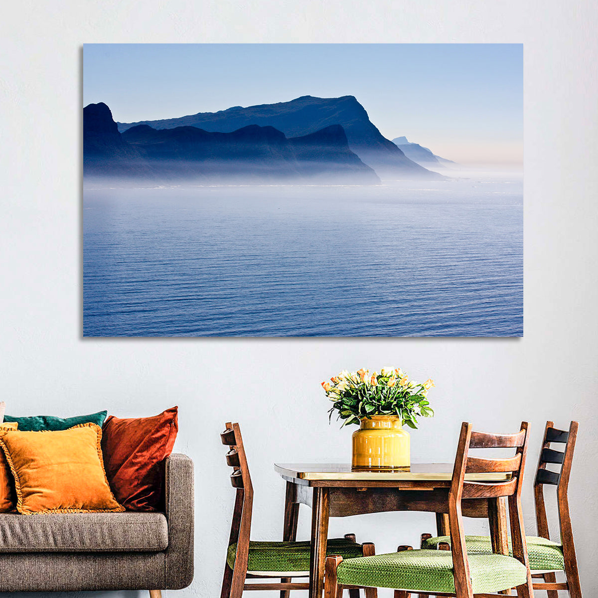 Misty Coastal Cliffs and Mountain Layers Wall Art in a room, landscape