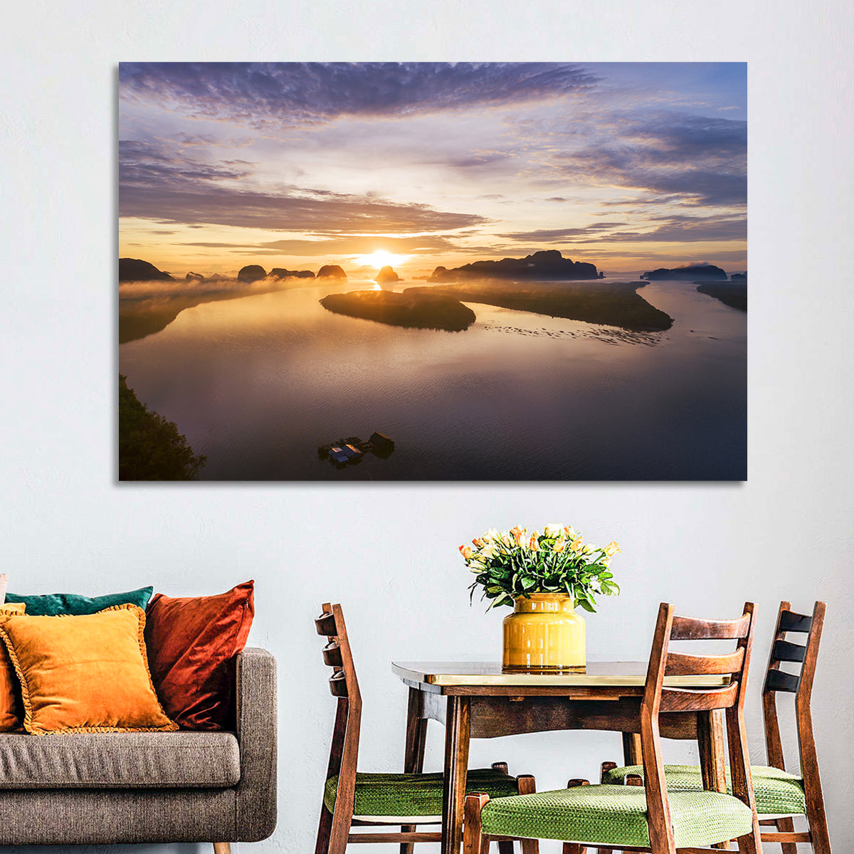 Phang Nga Bay Sunrise Wall Art in a room, landscape