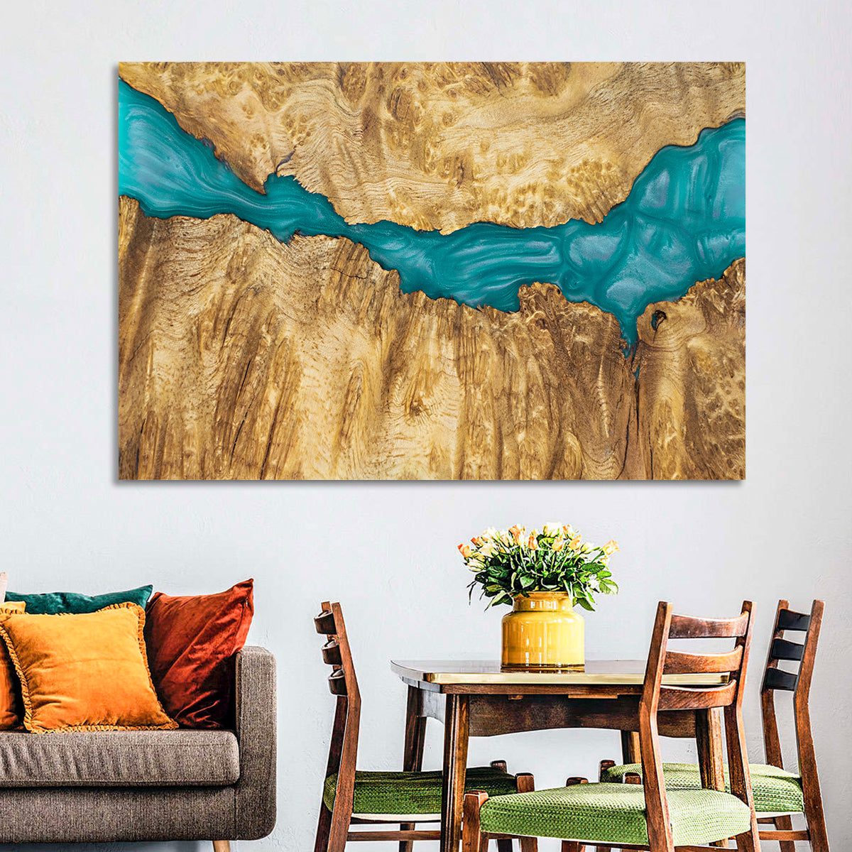 Burled Wood River with Teal Resin Wall Art