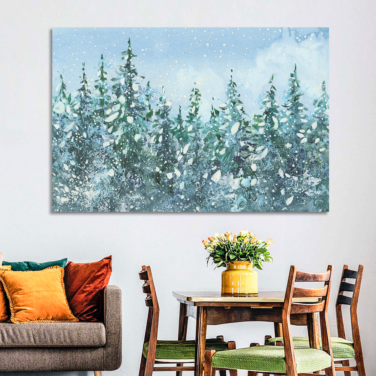 Snowy Spruce Forest Wall Art in a room, landscape