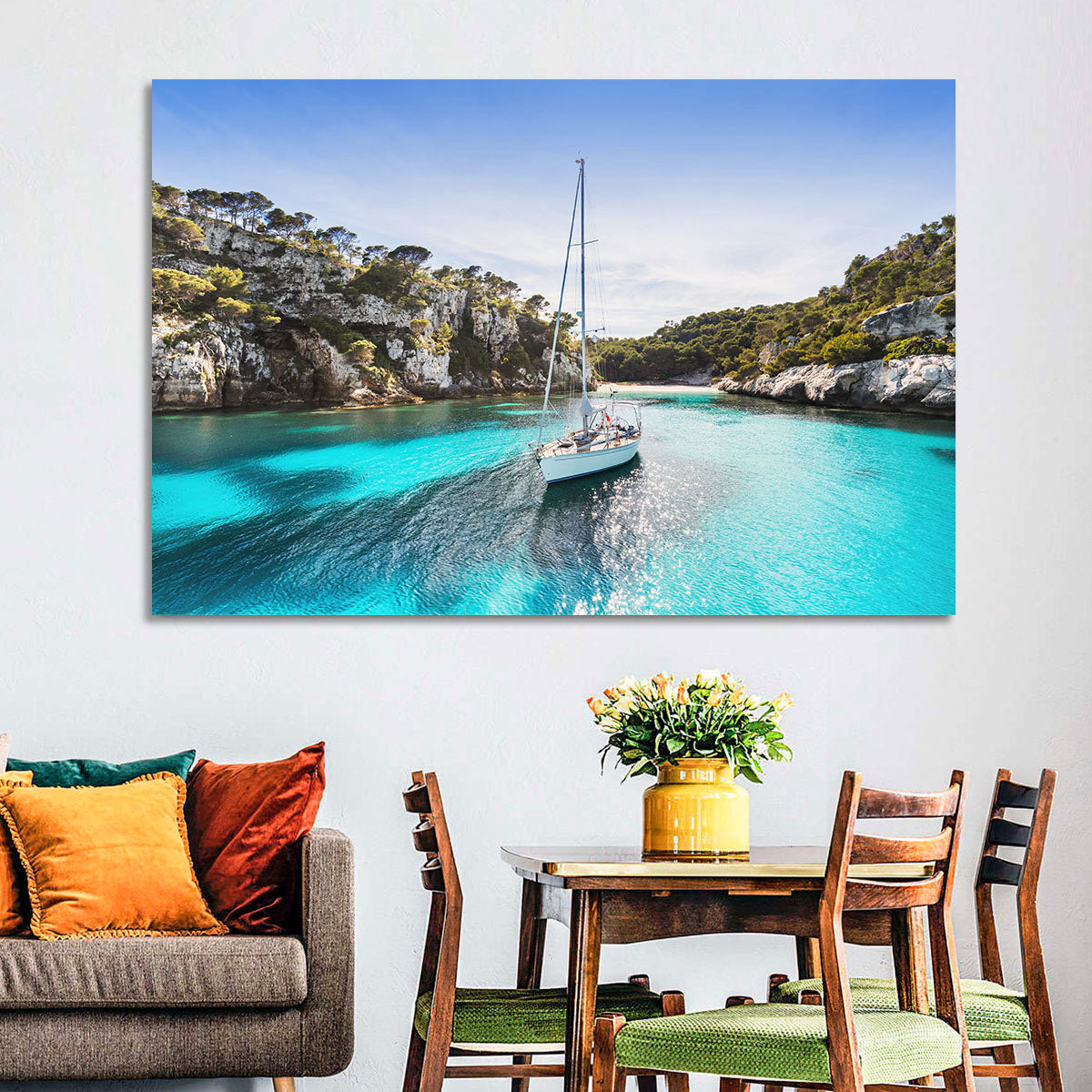 Menorca Cove Sailboat Wall Art in a room, landscape