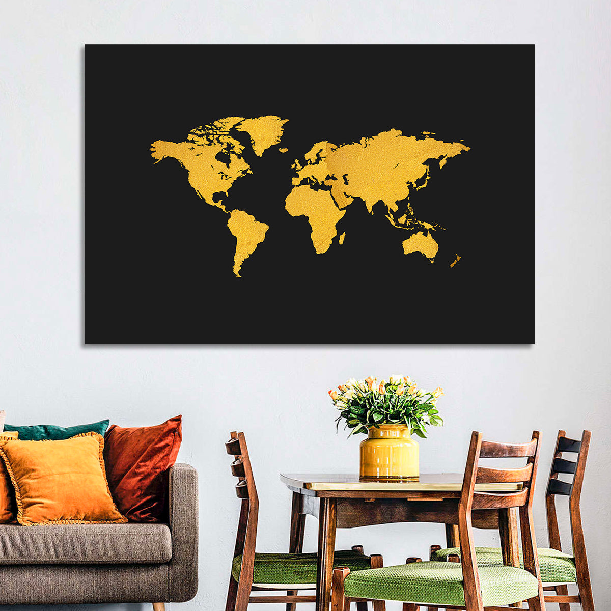 Gold Texture World Map Wall Art in a room, landscape