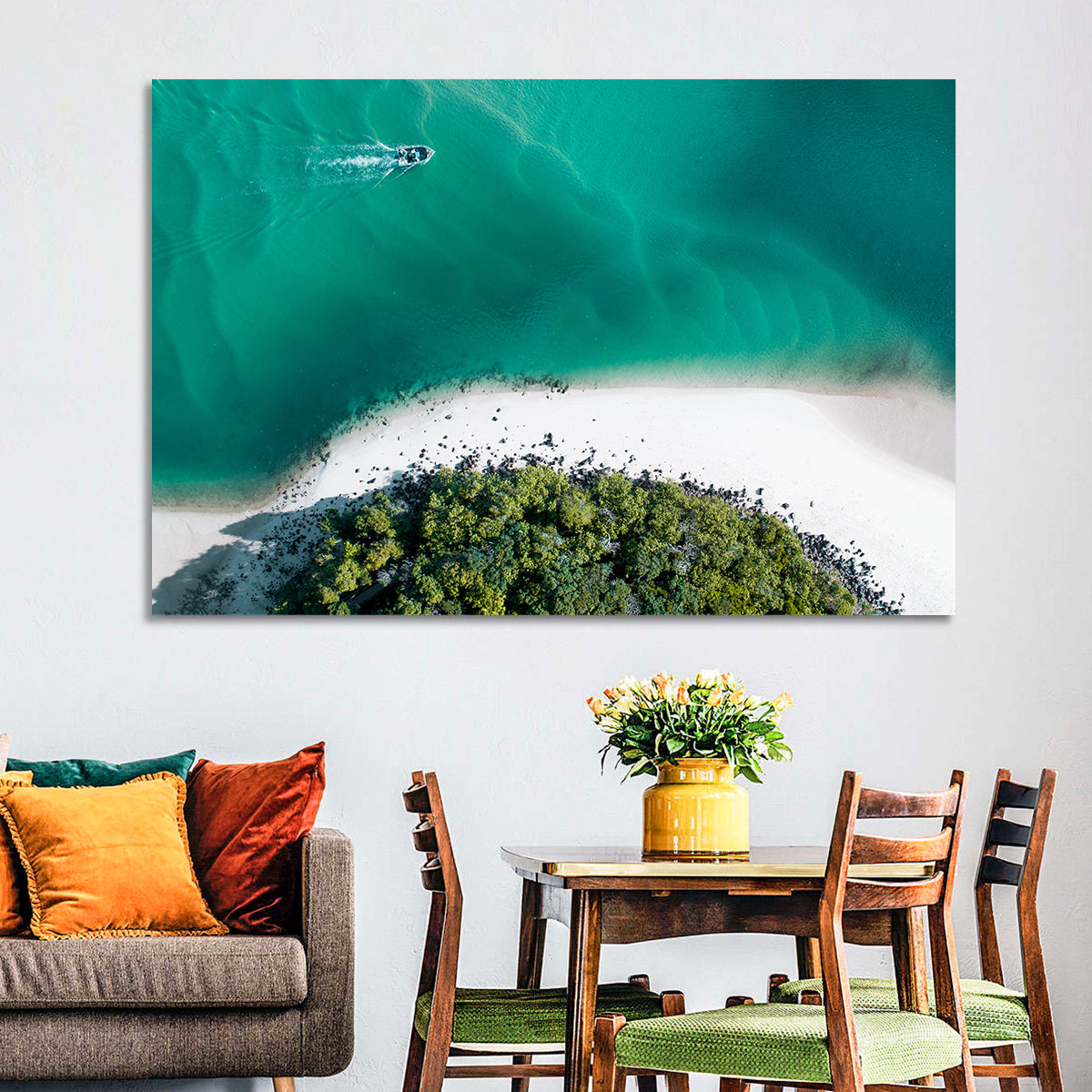 Clam Beach Aerial View Wall Art in a room, landscape