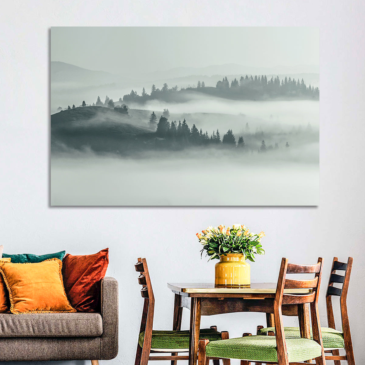Carpathian Morning Mist Wall Art in a room, landscape
