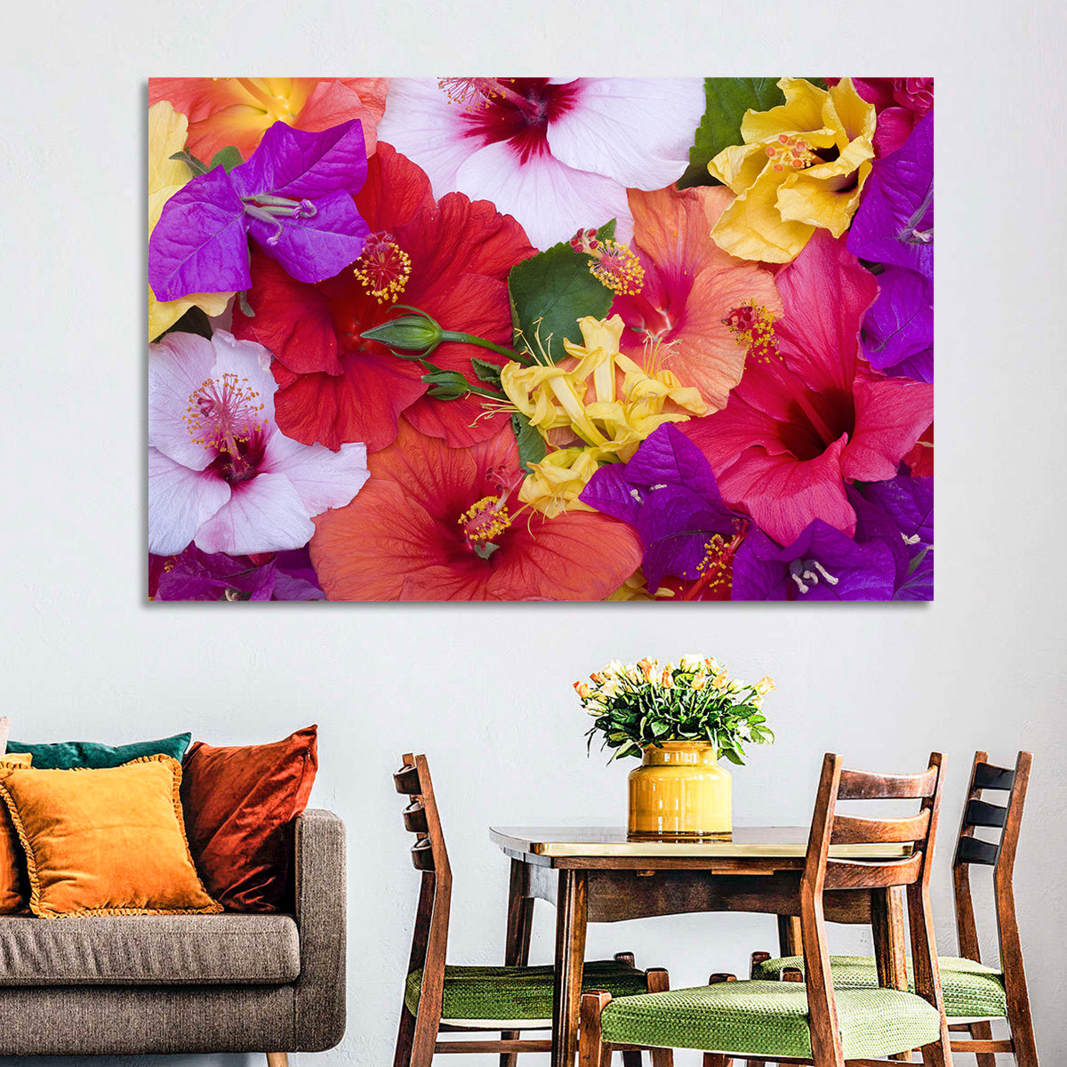 Tropical Bougainvillea and Hibiscus Bloom Wall Art in a room, landscape