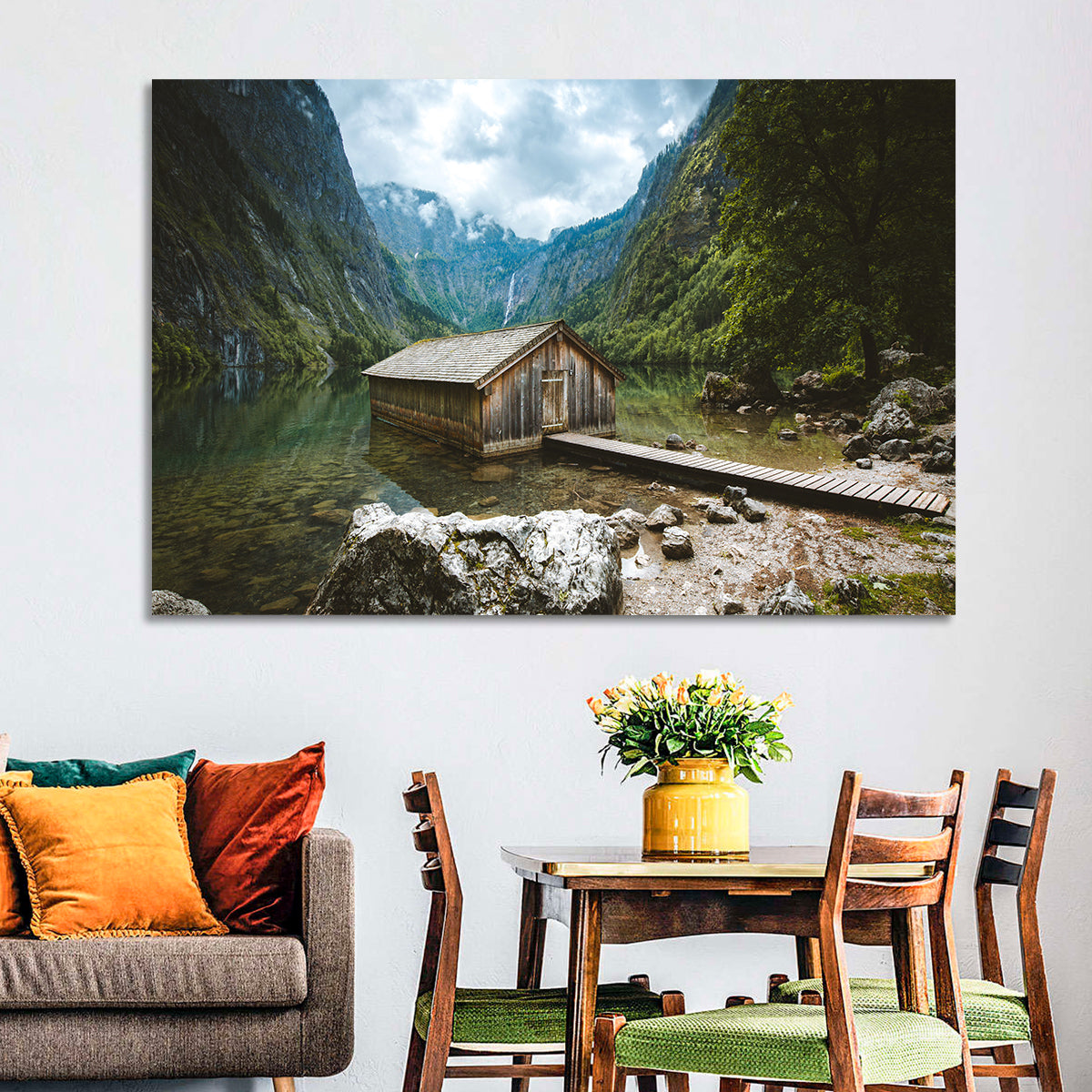 Cabin on Lake Obersee Wall Art in a room, landscape