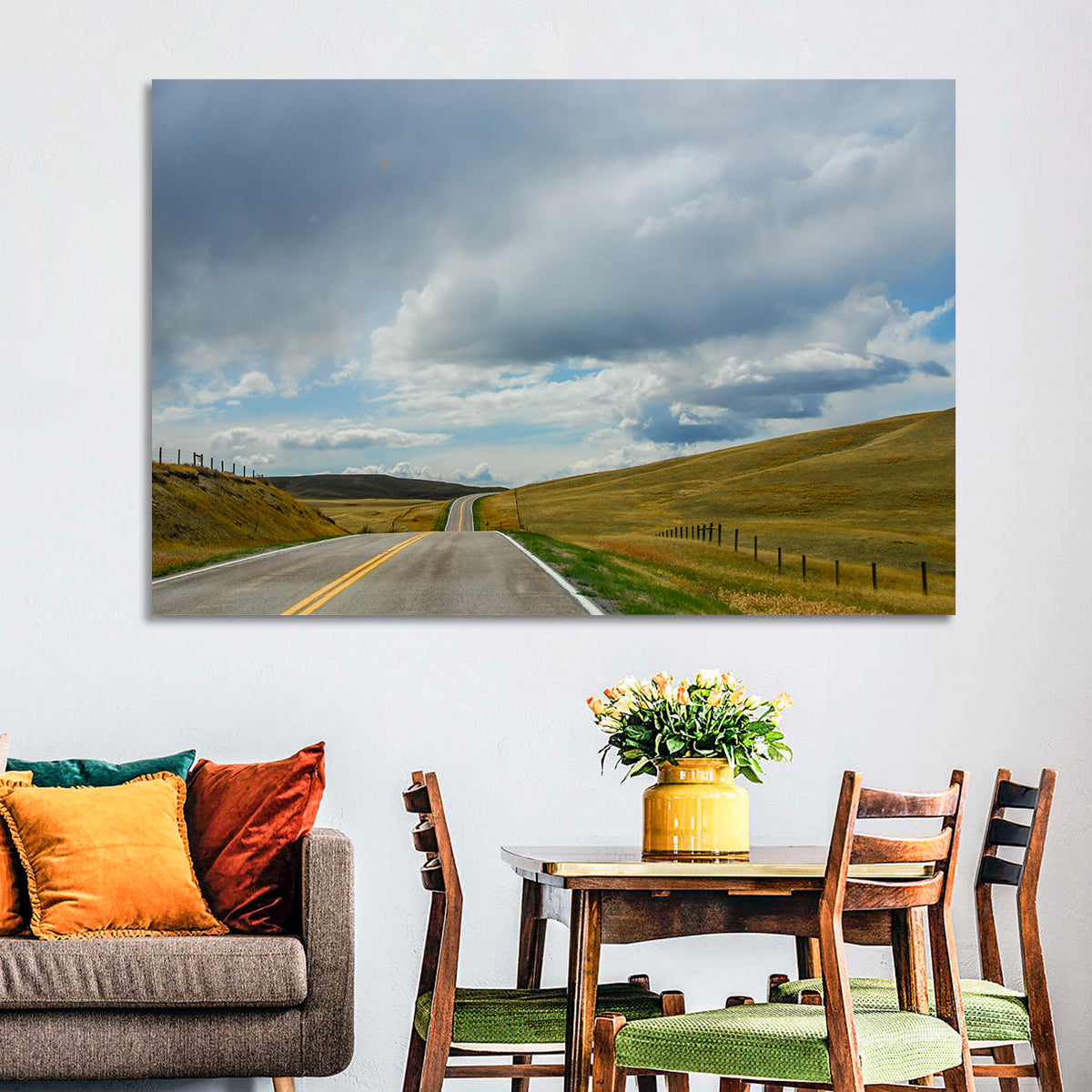 Montana Road Through Golden Hills Wall Art in a room, landscape