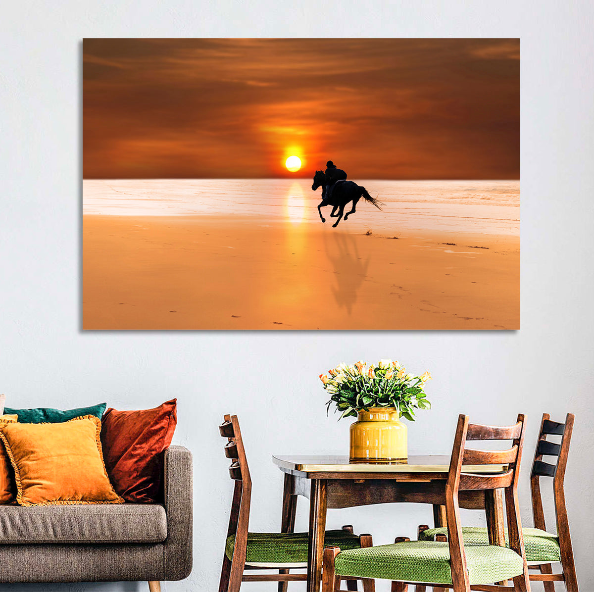 Horse and Rider at Sunset Wall Art in a room, landscape
