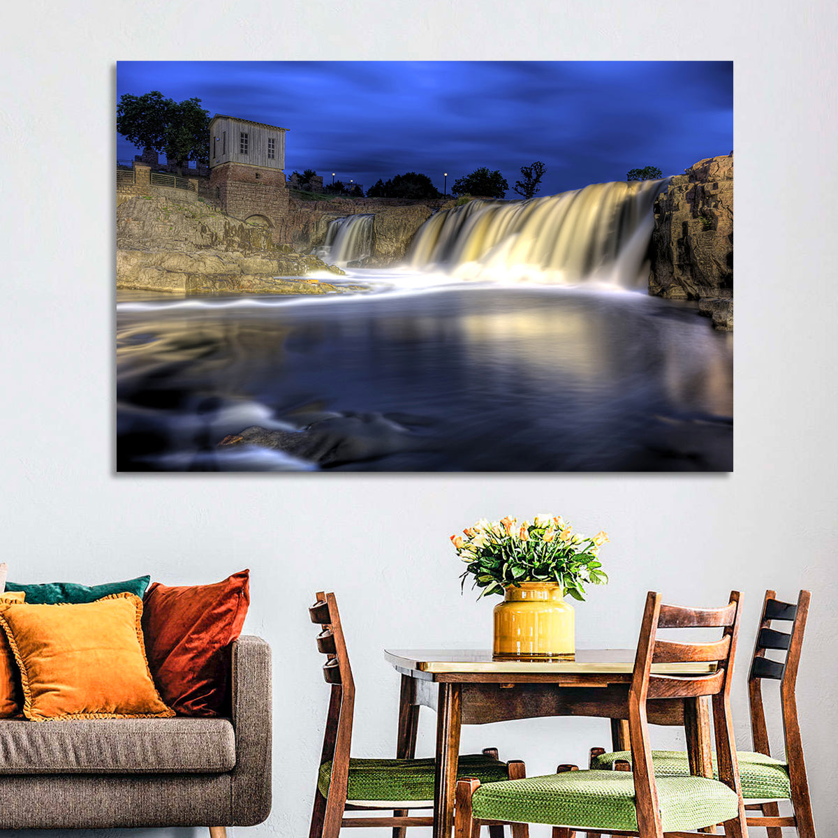 Queen Bee Mill Waterfall Wall Art in a room, landscape