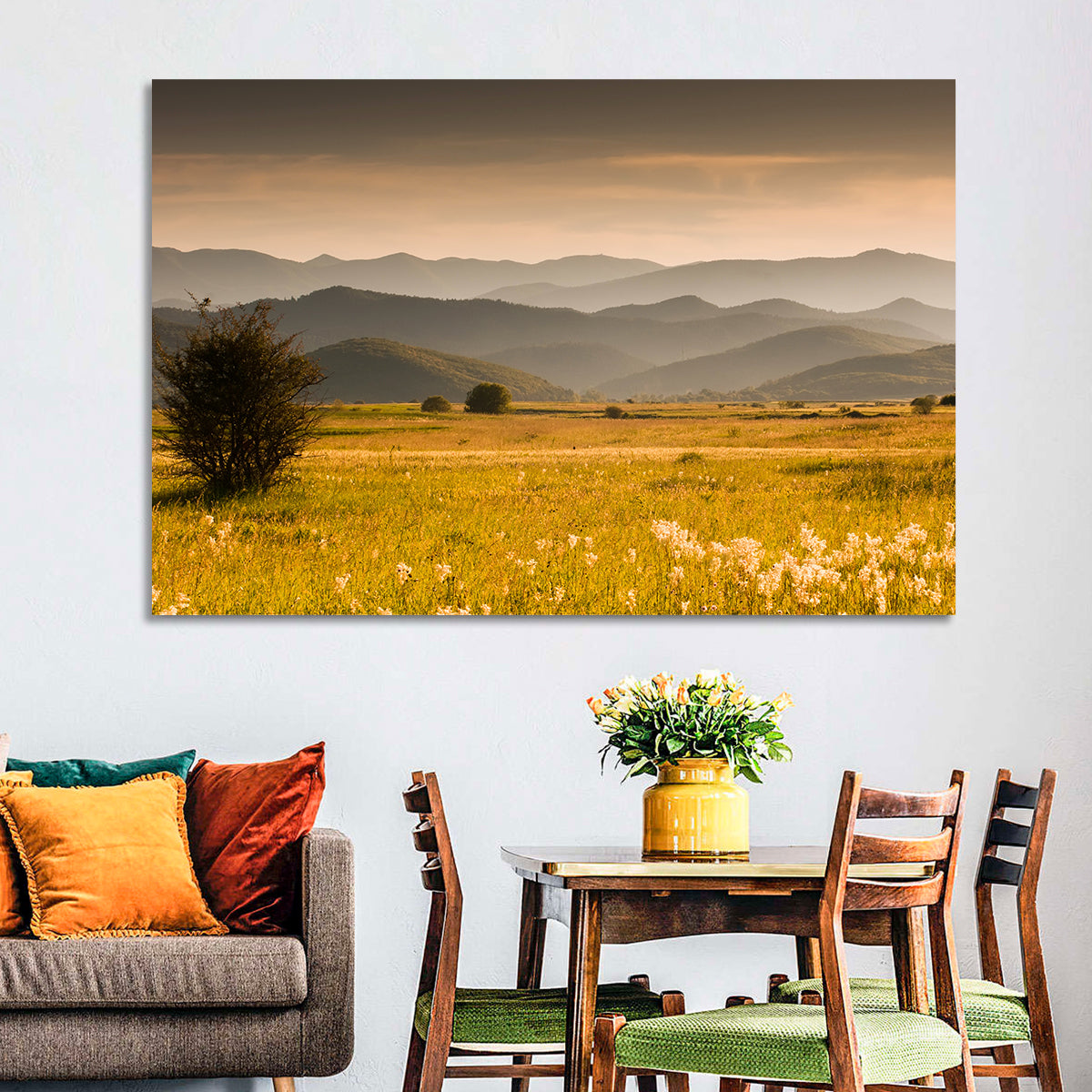 Golden Hour Countryside Hills Wall Art in a room, landscape