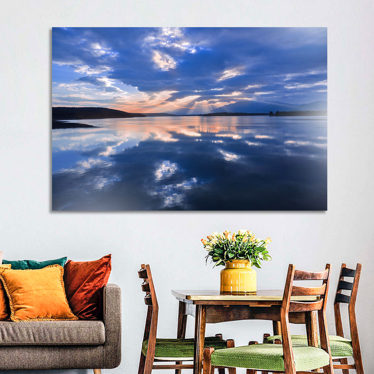 Cloudy Summer Lake Wall Art in a room, landscape