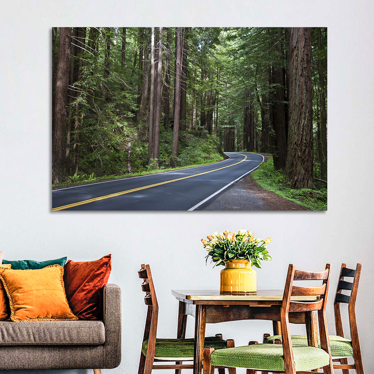 Winding Redwood Forest Road Wall Art in a room, landscape