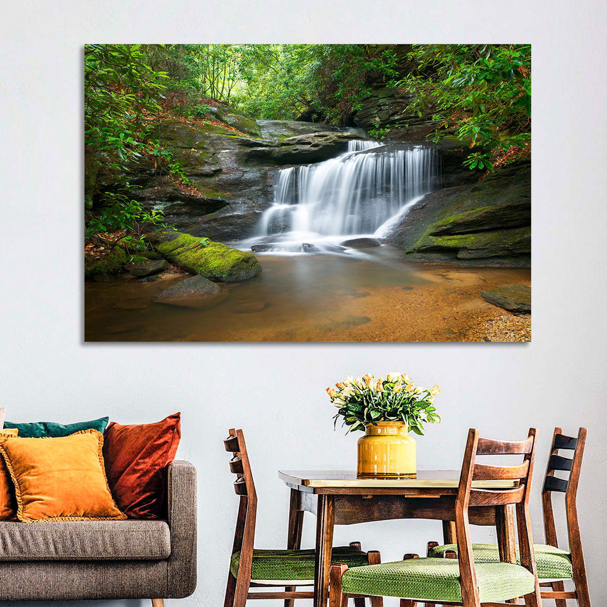 Blue Ridge Mossy Waterfall Wall Art in a room, landscape